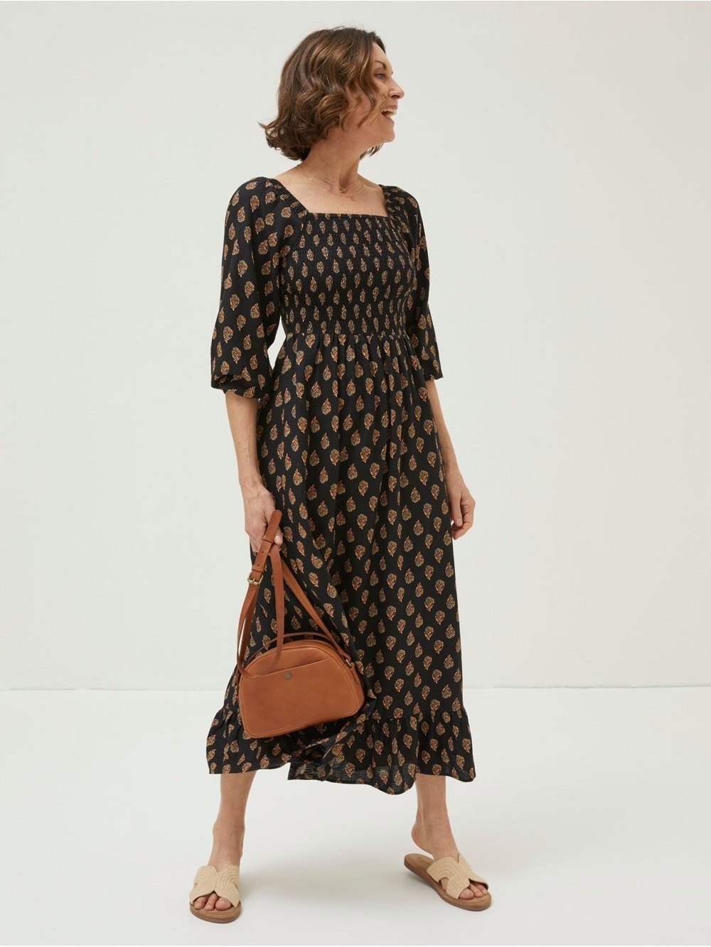 Fatface Black Printed Smocked Maxi Dress - Women’s Size 14